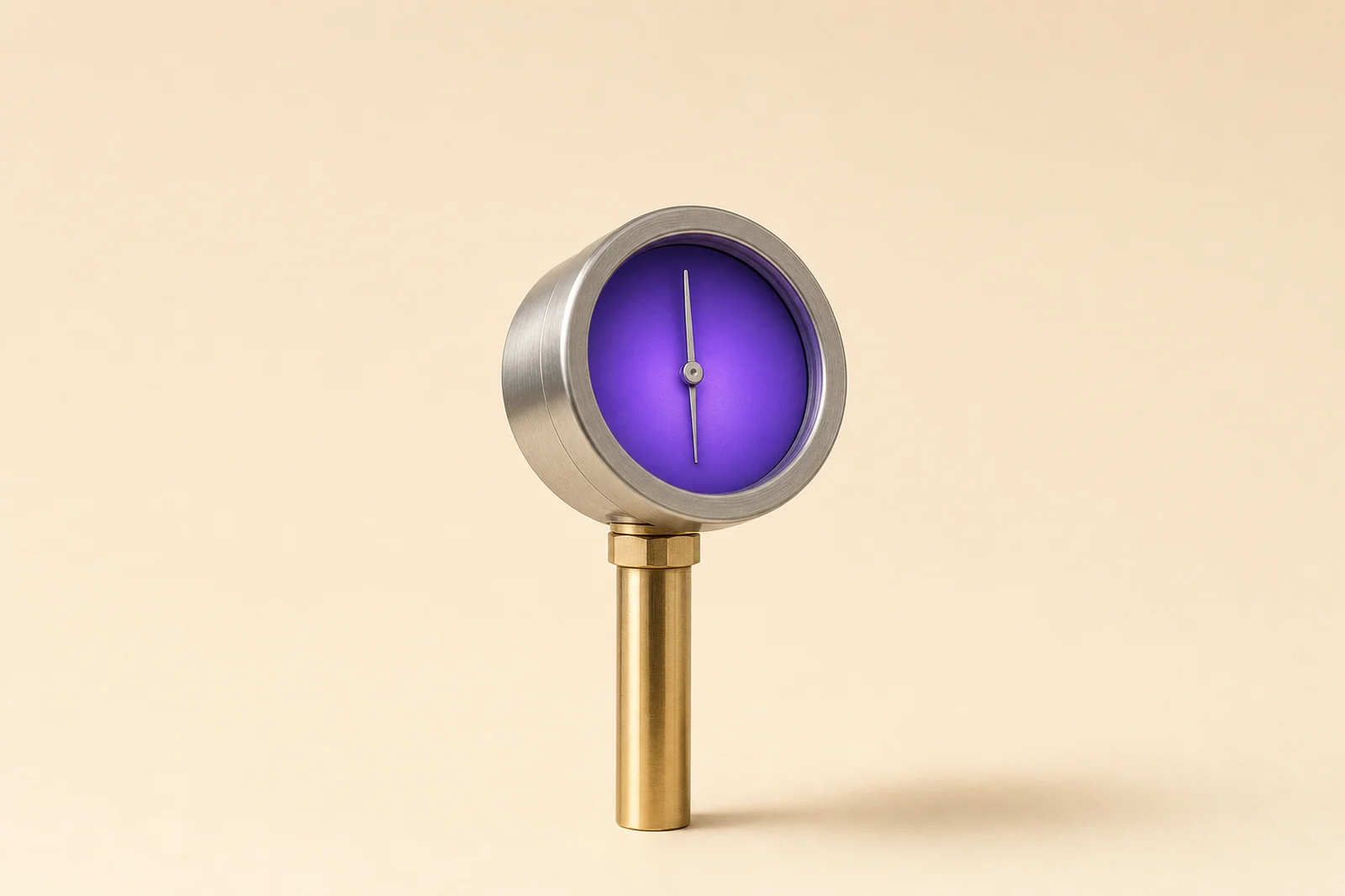 A steel tap pouring one controlled line of violet light into a glass vessel with nothing spilled