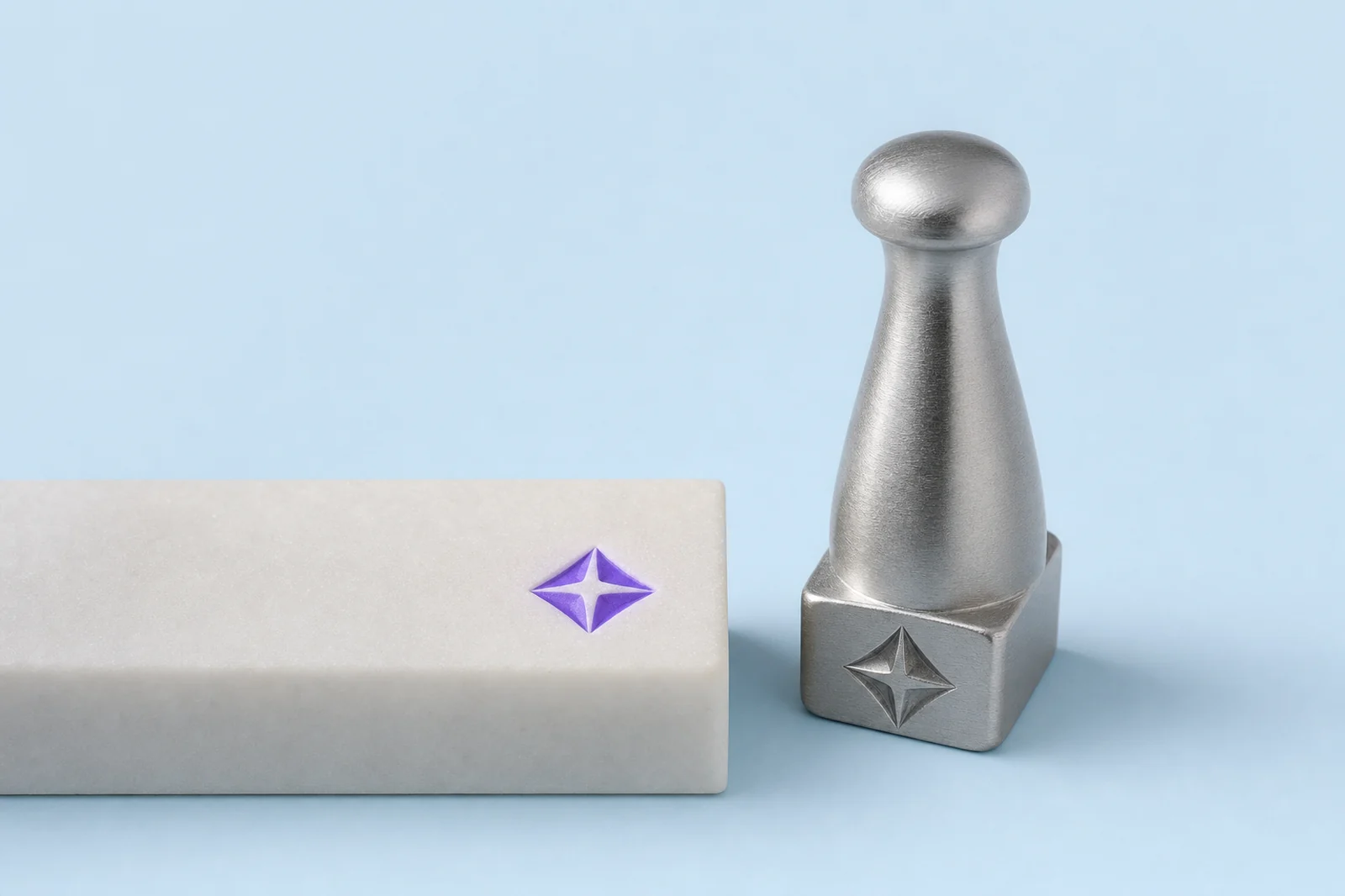 A steel hallmark punch beside the mark it has struck into a stone bar, the mark glowing violet