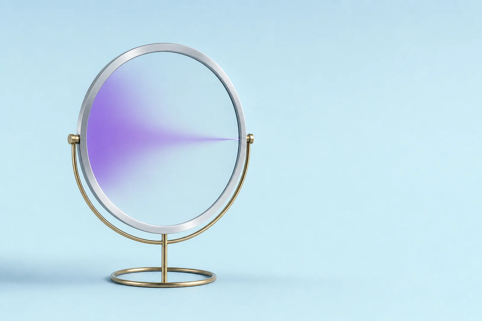 A formless violet cloud drifting into a large glass lens and leaving it as clean ordered rows of light