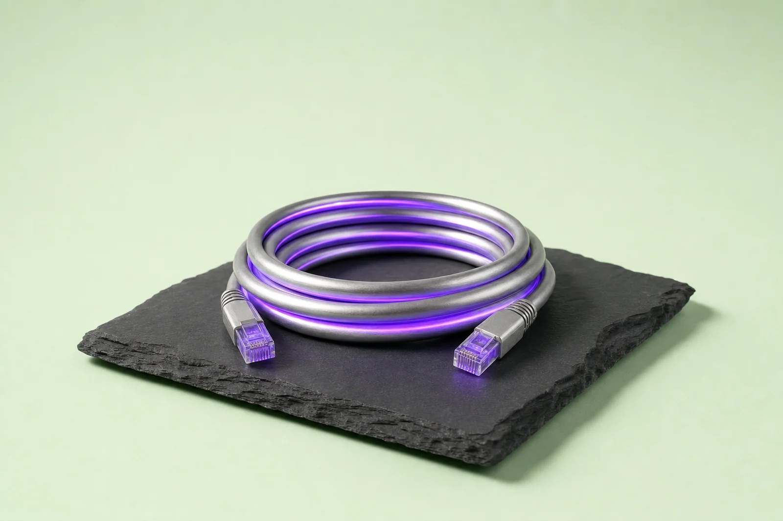 A steel key resting in a glass lock with violet light running through the mechanism