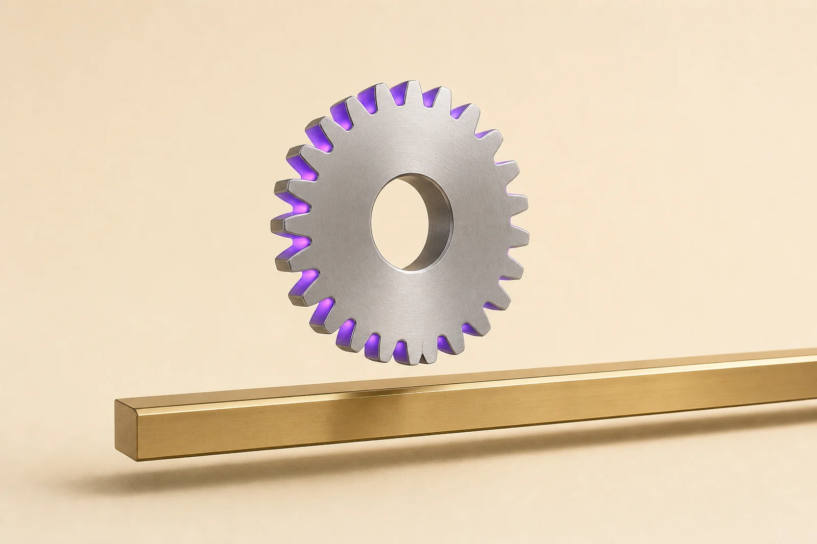 A steel gear lifted above a brass rail, violet light glowing between every tooth