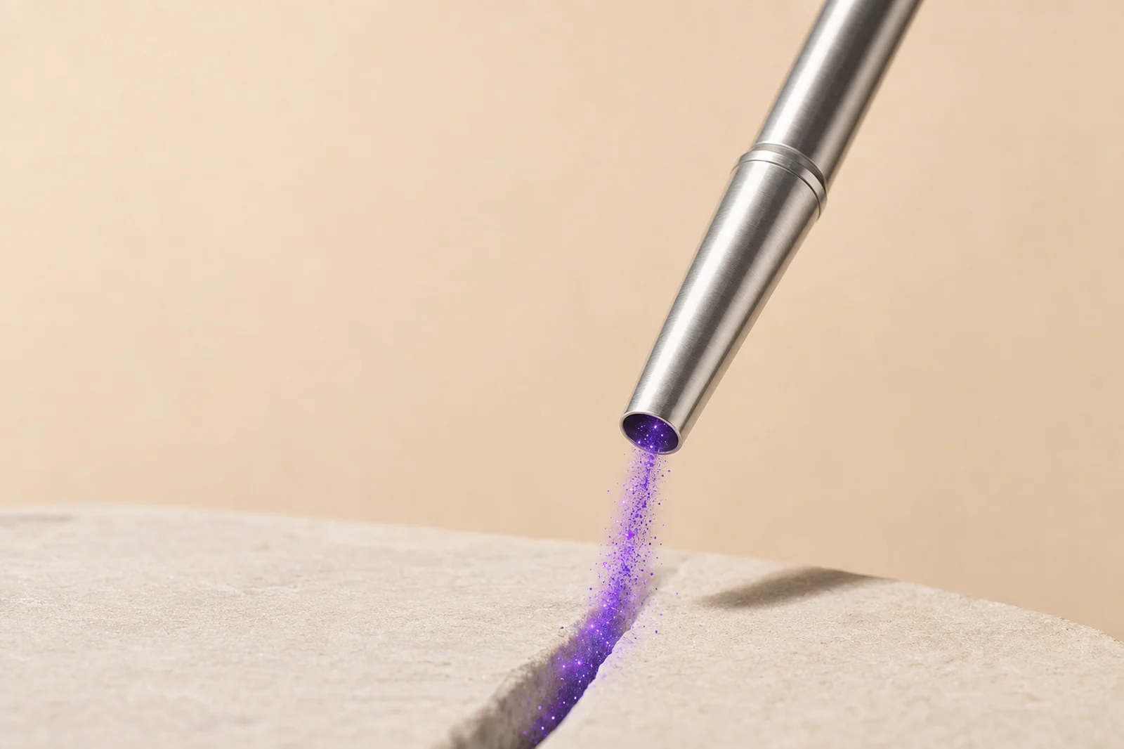 A brass funnel catching scattered violet fragments and returning them as one clean stream