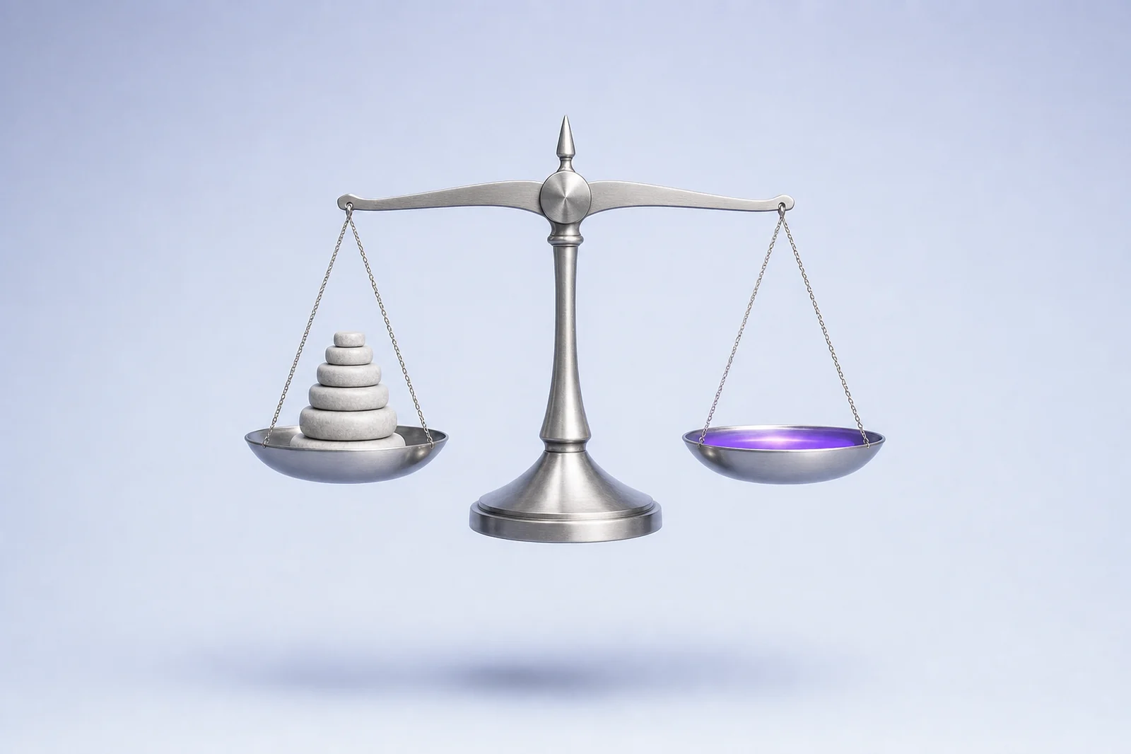 A floating steel balance resting perfectly level, stone weights on one pan and a pool of violet light on the other