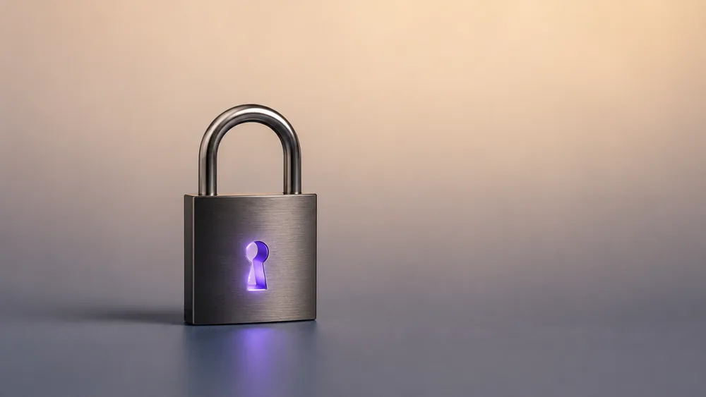A closed padlock with a violet-lit keyhole, marking Vigor's AML and compliance articles