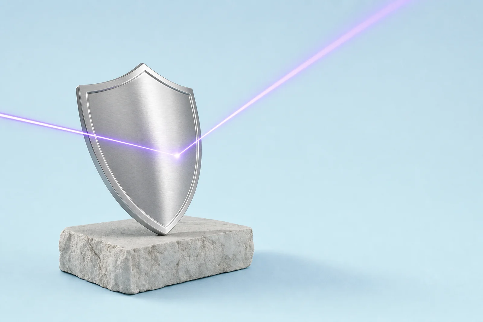 A steel shield standing on stone, deflecting one clean strike of violet light away off its face