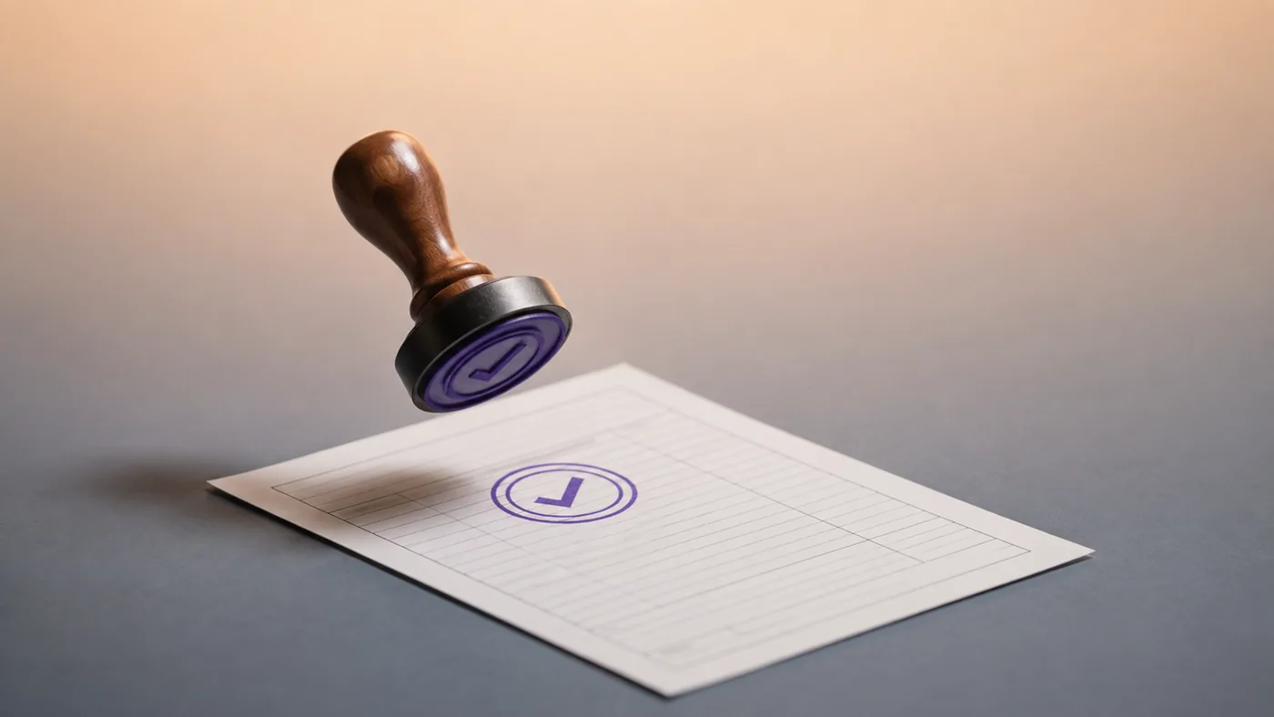 A rubber stamp lifting away from the form it has just approved, representing Vigor's VAT and corporate tax services in Dubai