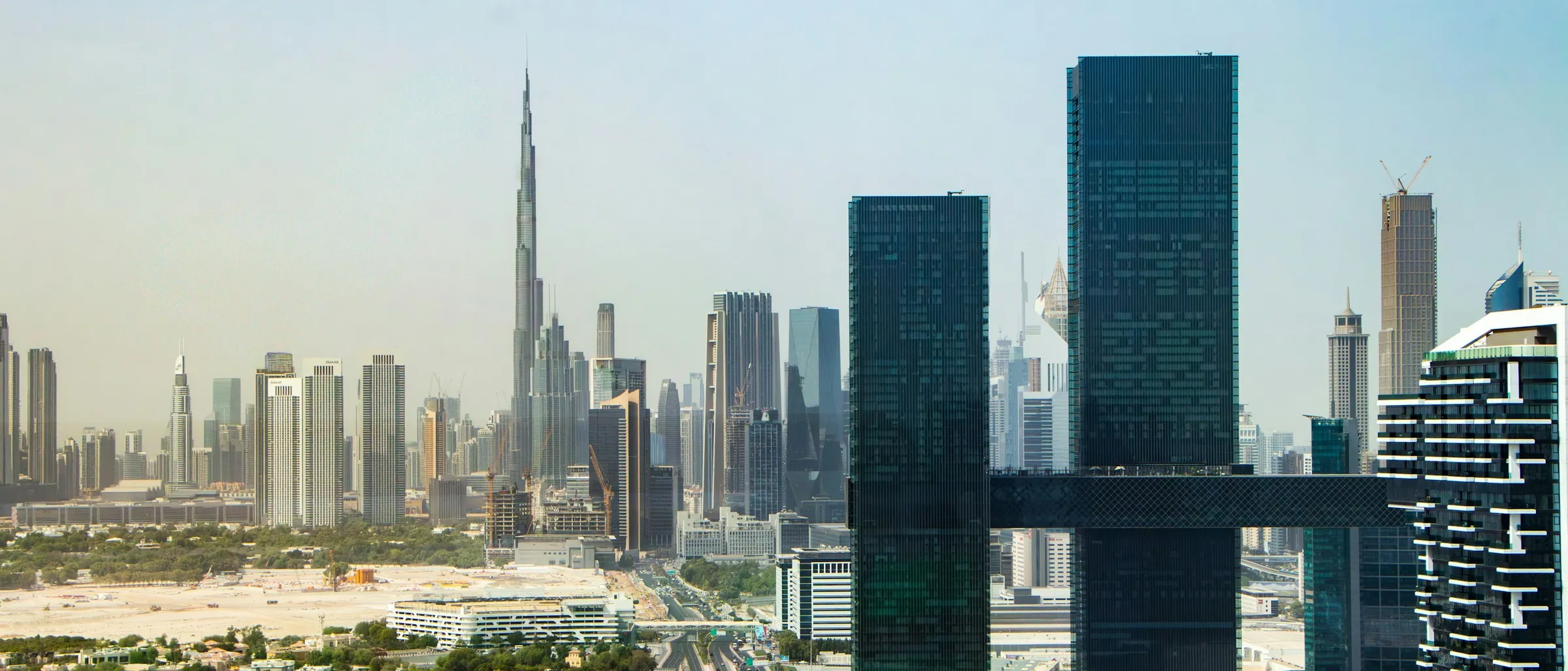 The Burj Khalifa among the towers of the Dubai financial district